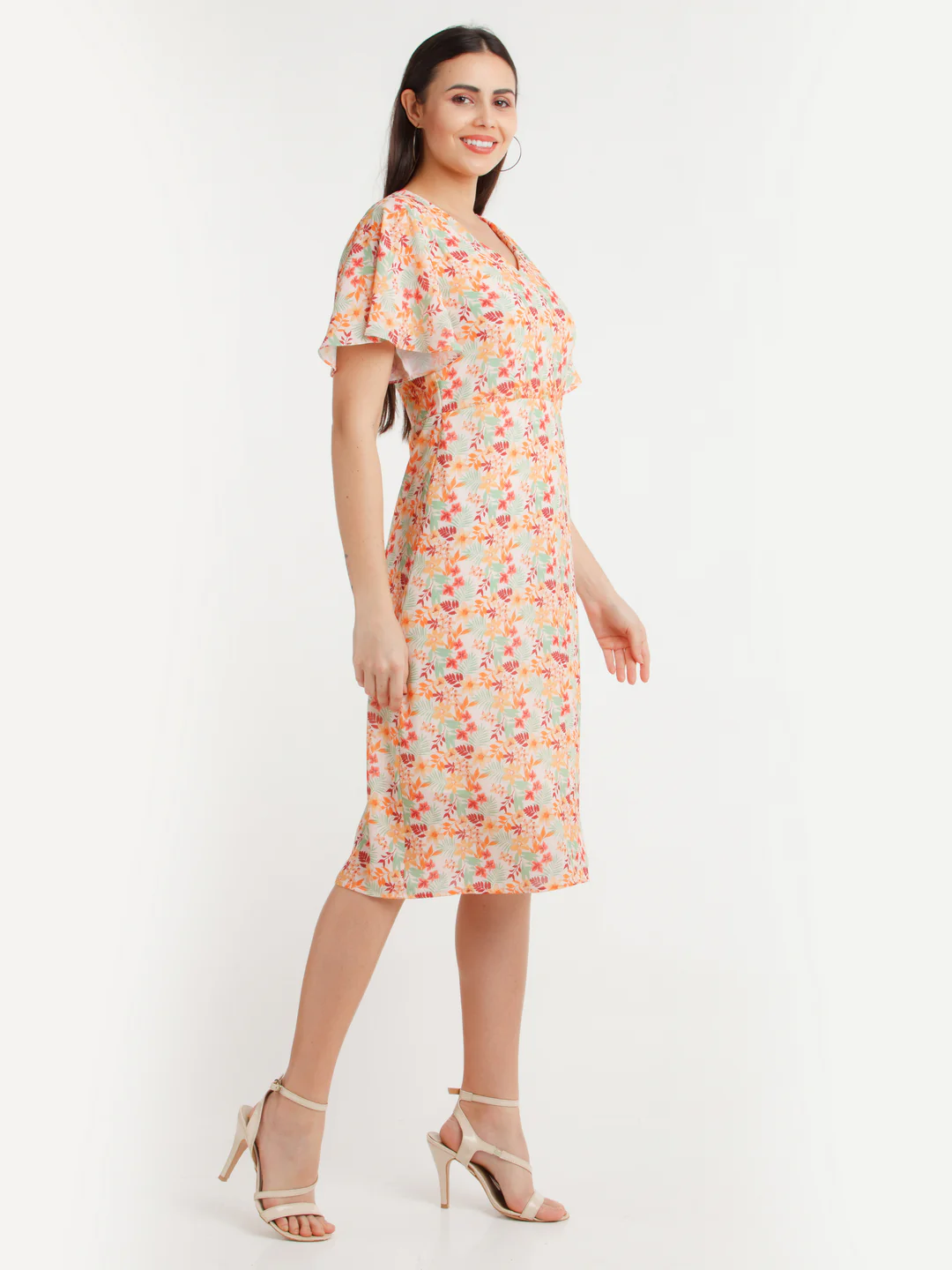 Multicolor Printed Flared Sleeve Midi Dress - Image 3