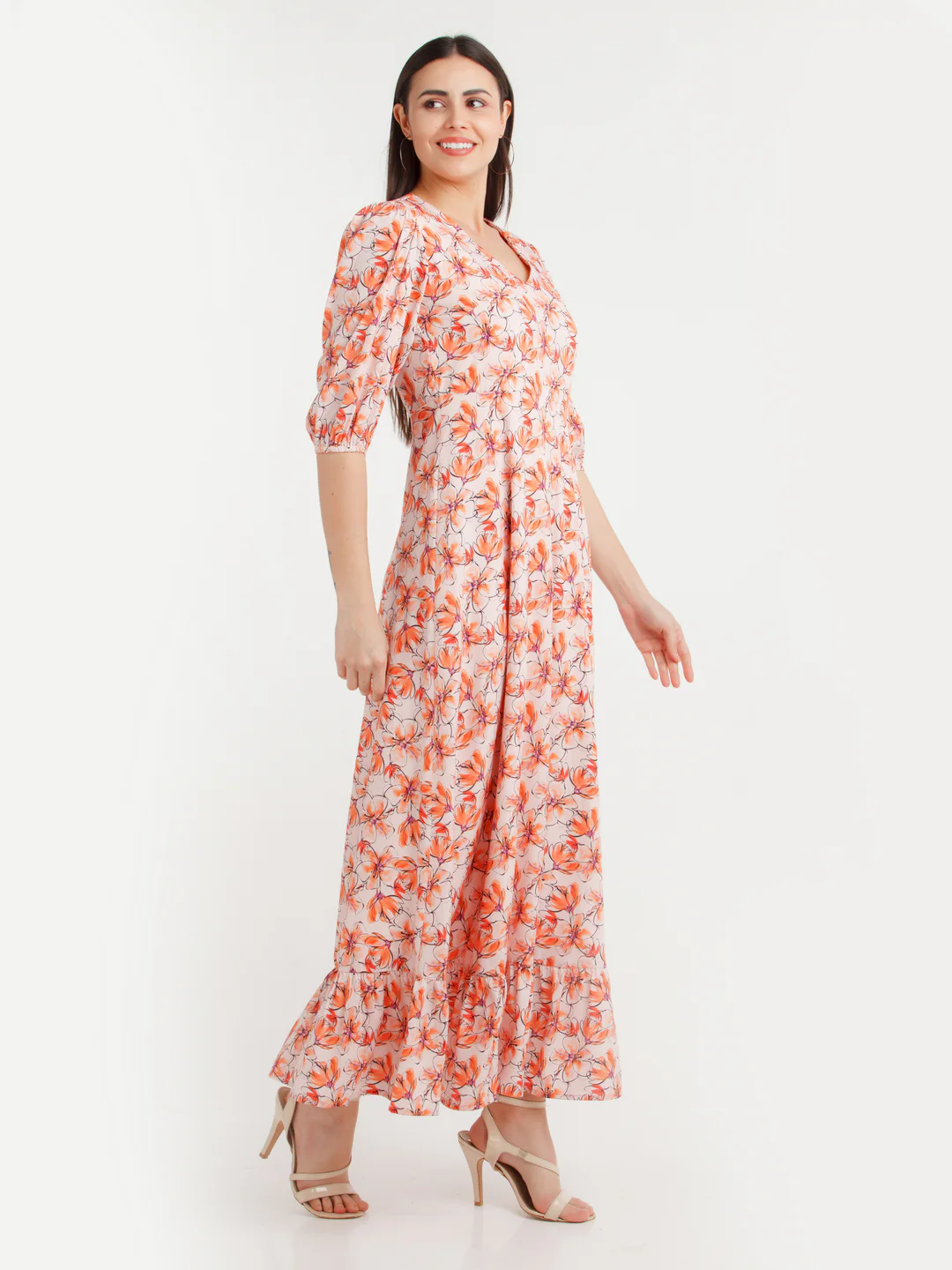 Multicolor Printed Puff Sleeve Maxi Dress - Image 3