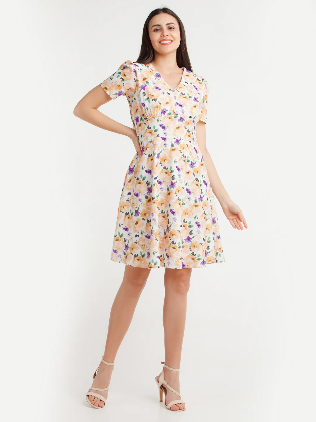 Multicolor Printed Puff Sleeve Short Dress