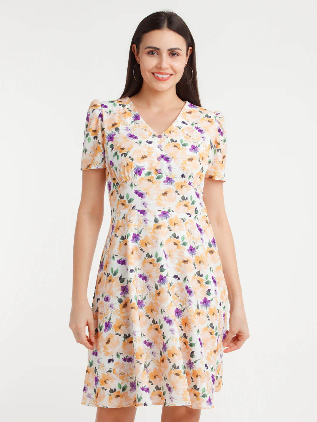 Multicolor Printed Puff Sleeve Short Dress - Image 2