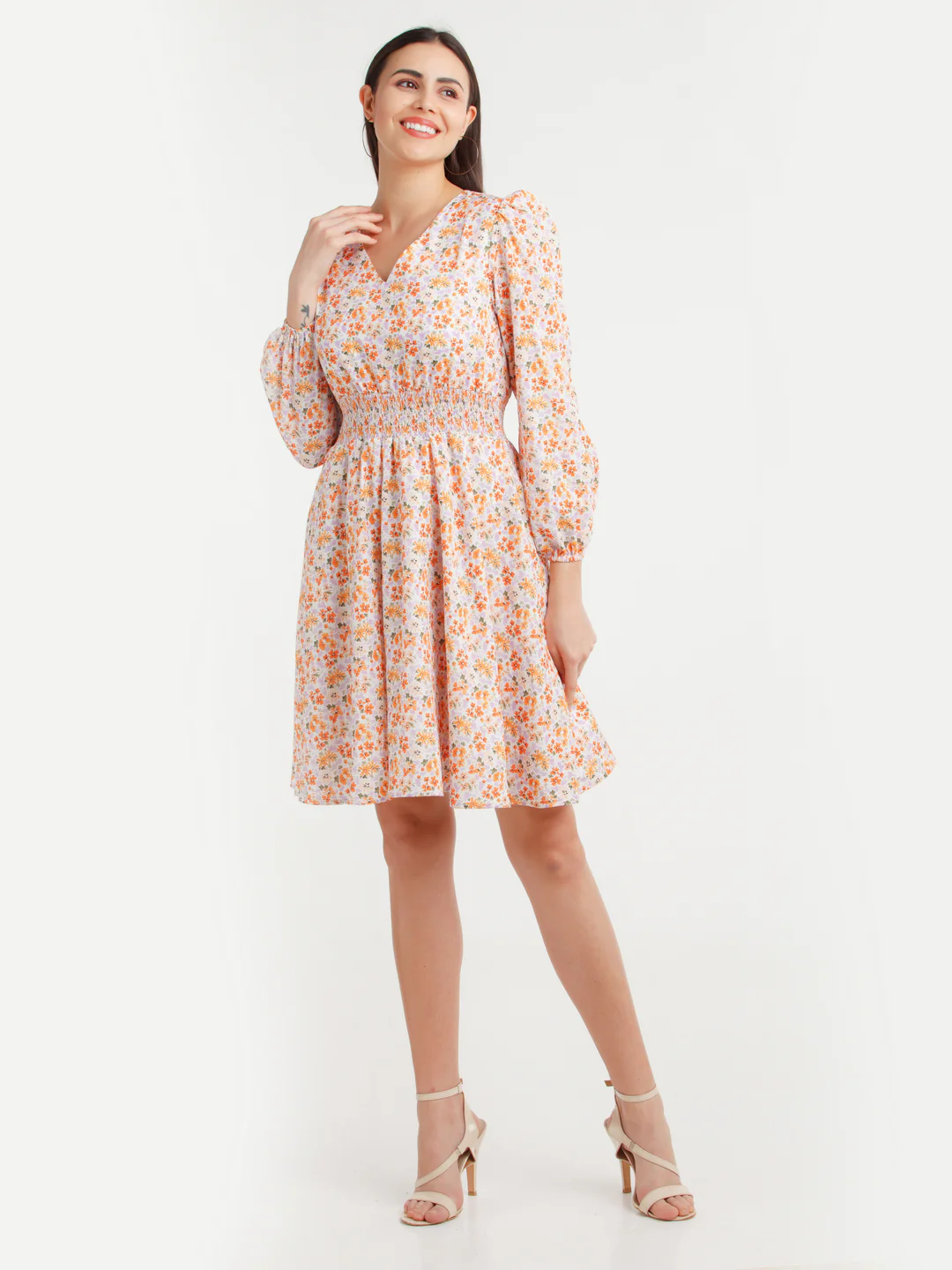 Multicolor Printed Smocking Short Dress