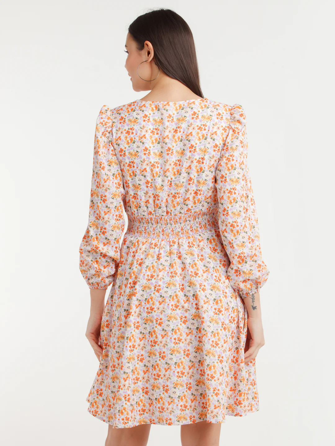 Multicolor Printed Smocking Short Dress - Image 4