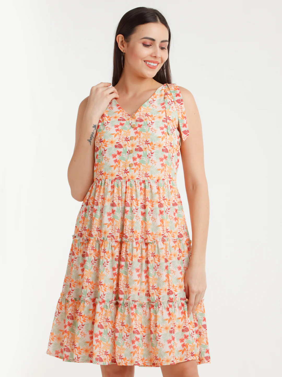 Multicolor Printed Tie-Up Short Dress - Image 2