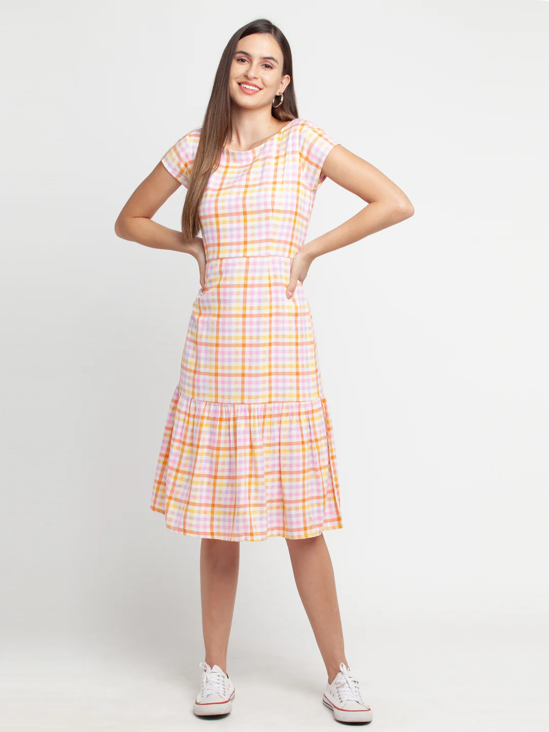 Multicolored Checked Tiered Midi Dress - Image 2