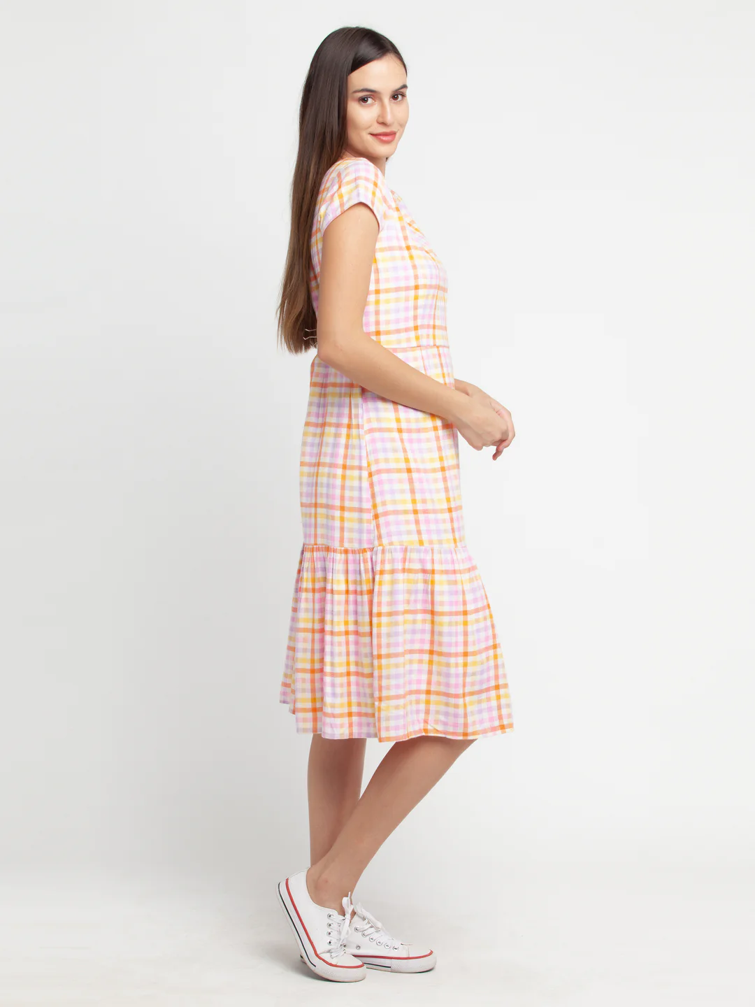 Multicolored Checked Tiered Midi Dress - Image 3