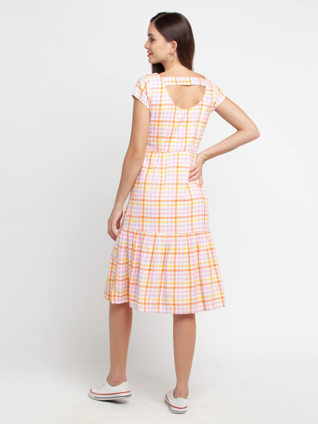 Multicolored Checked Tiered Midi Dress - Image 4