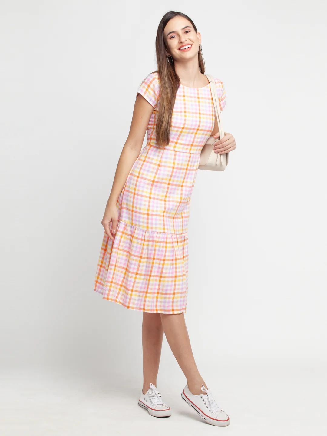 Multicolored Checked Tiered Midi Dress - Image 5