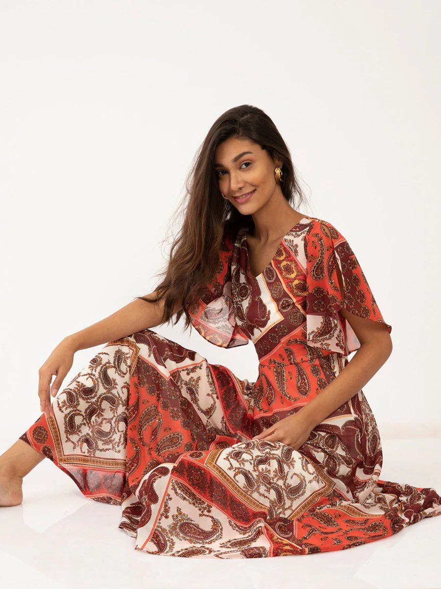 Multicolored Flared Sleeve Maxi