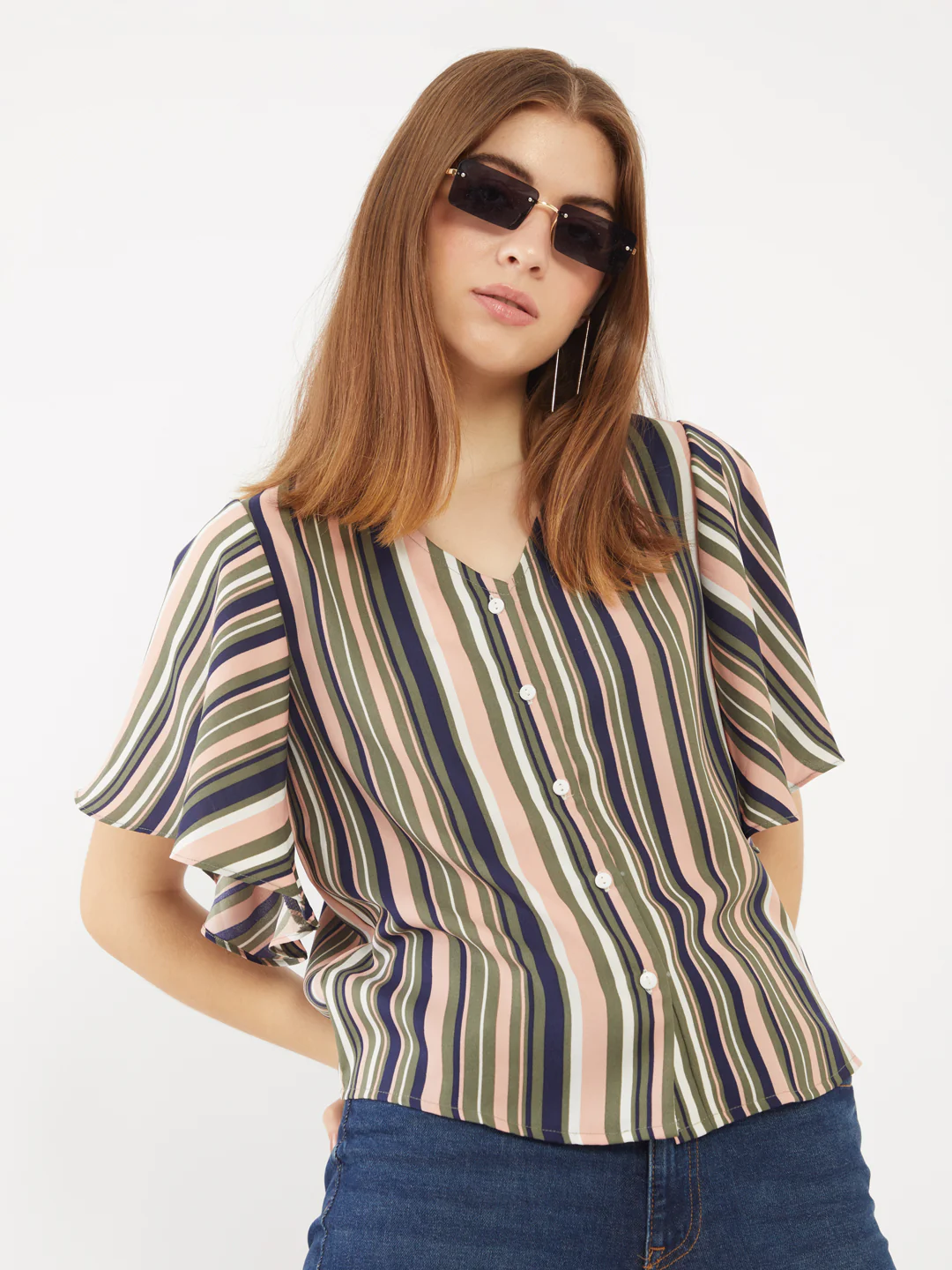 Multicolored Printed Flared Sleeve Top