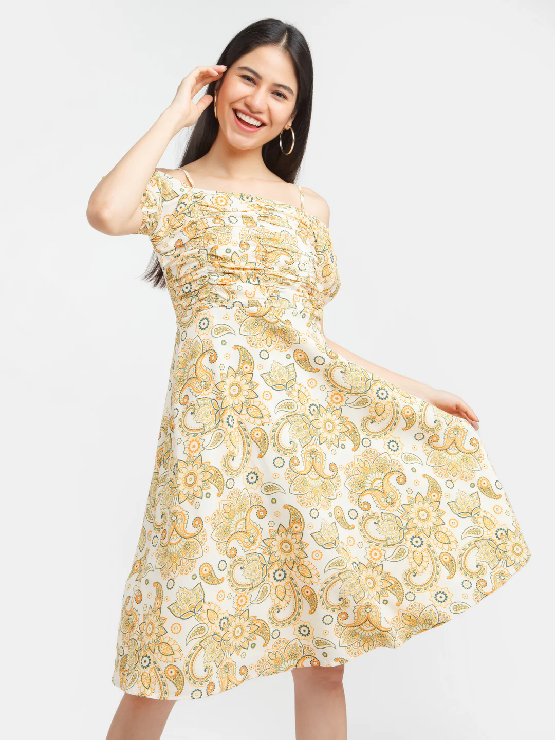 Multicolored Printed Puff Sleeve Midi Dress