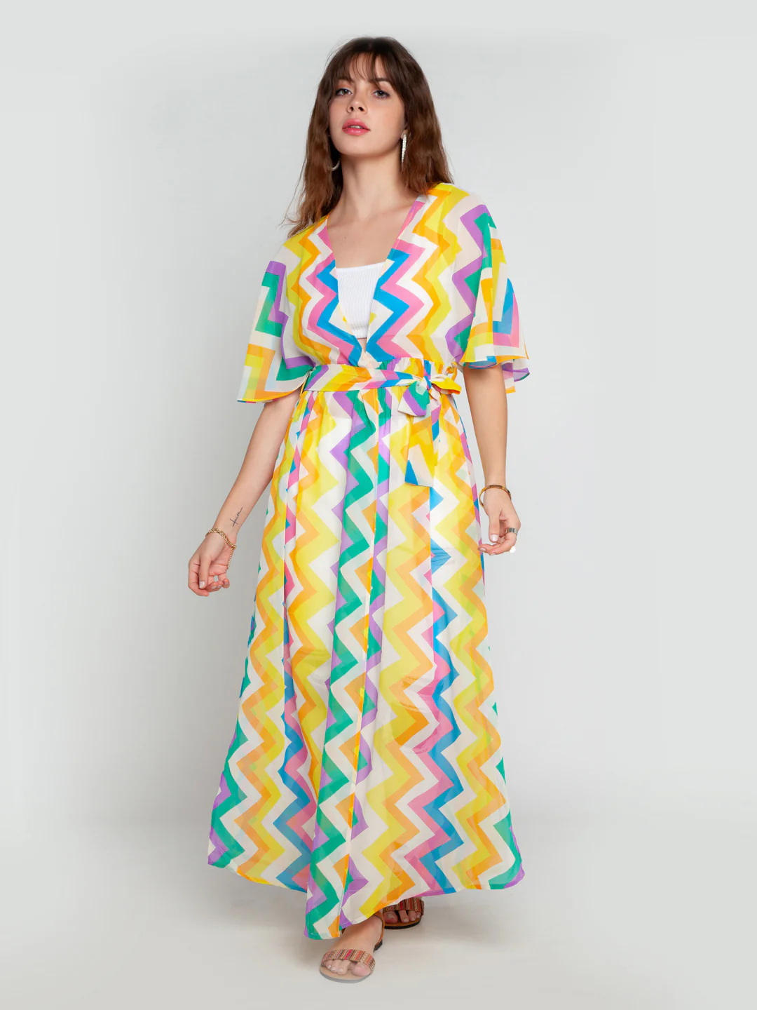 Multicolored Printed Tie-Up Shrug - Image 2
