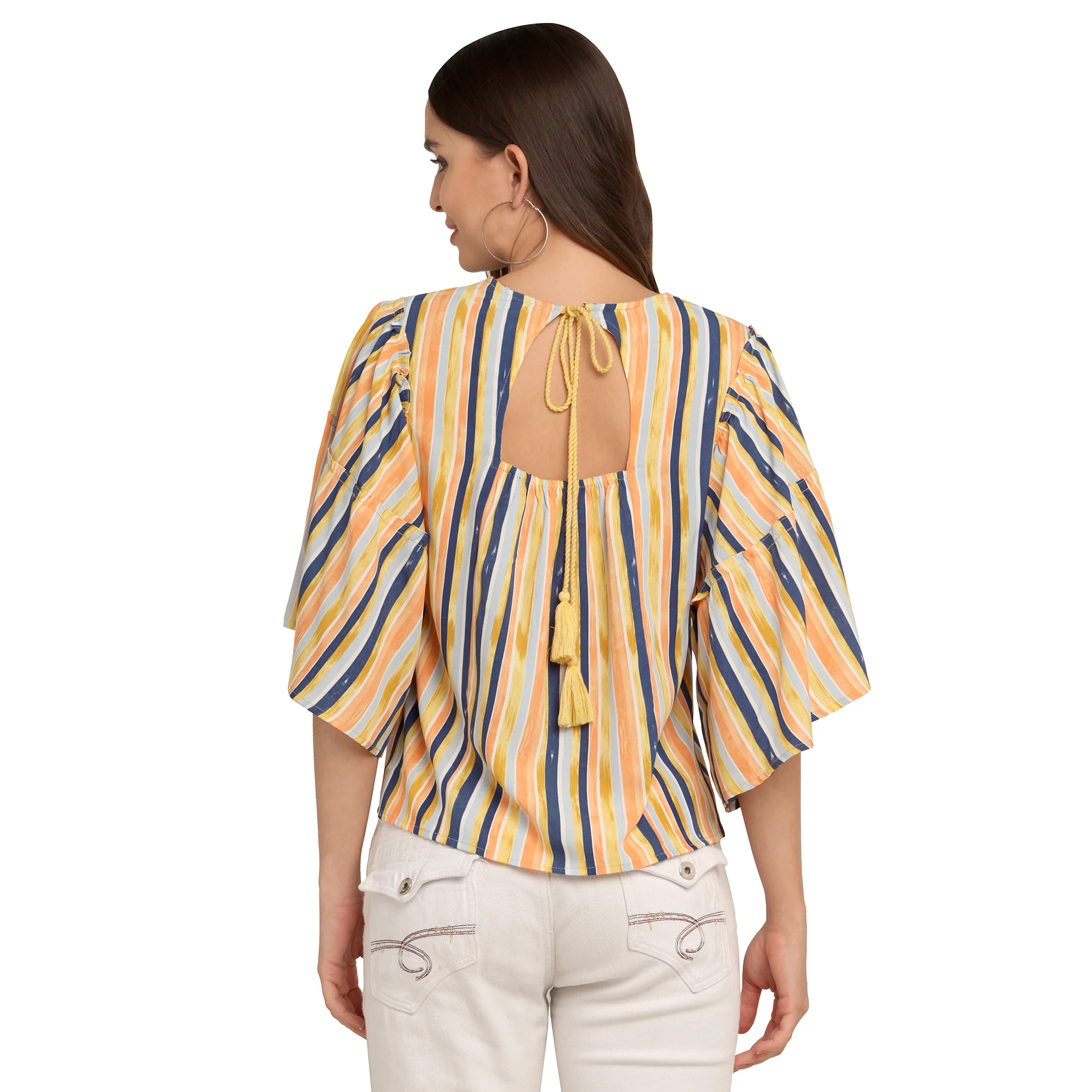Multicolored Striped Flared Sleeve Top - Image 4