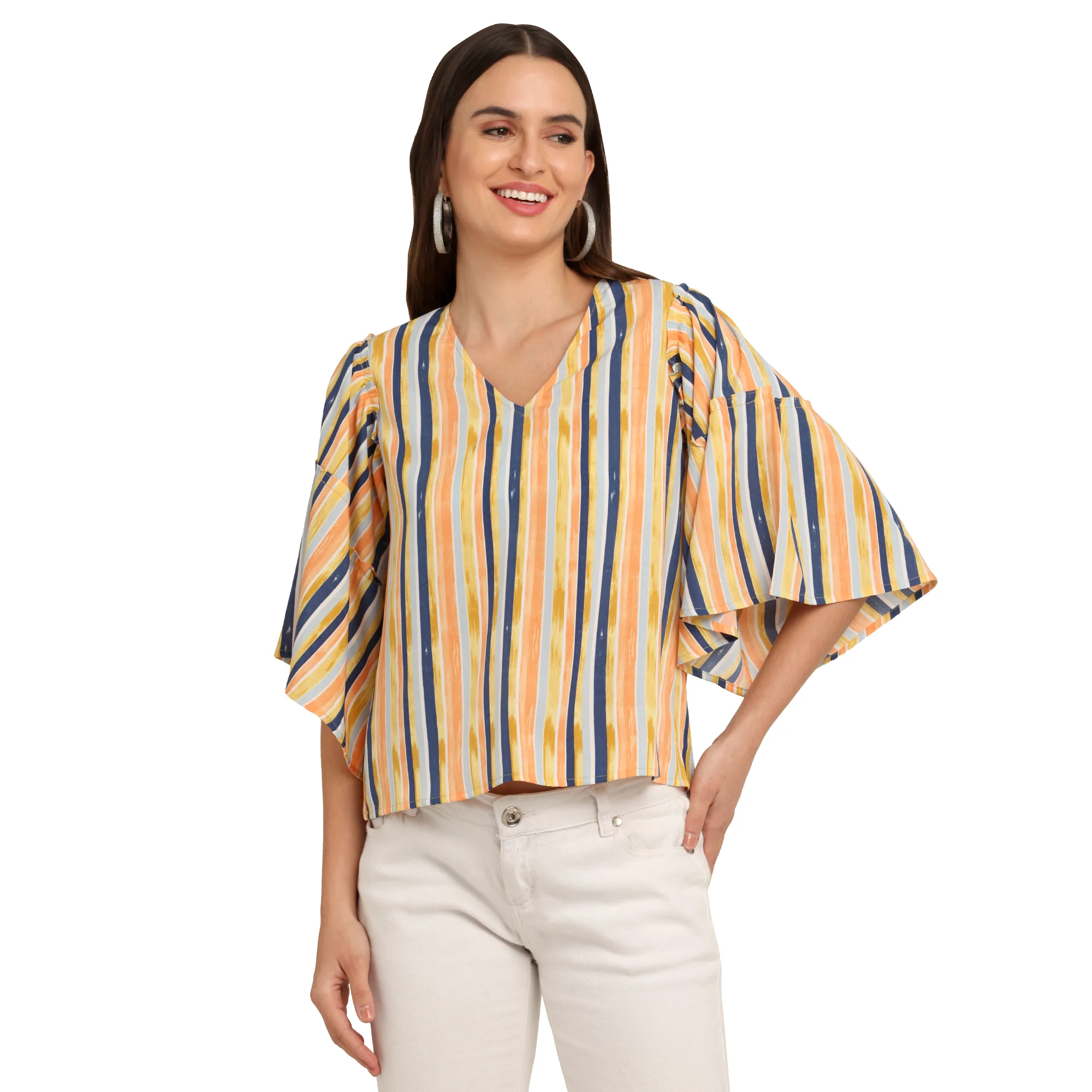 Multicolored Striped Flared Sleeve Top - Image 5