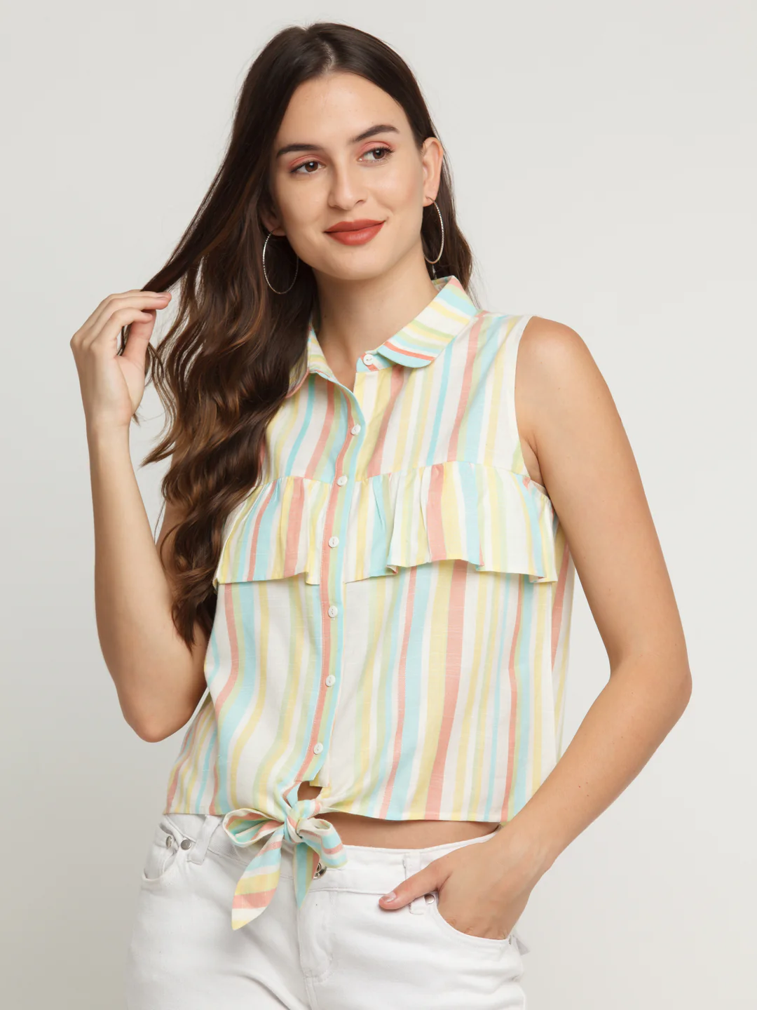 Multicolored Striped Ruffled Shirt - Image 2