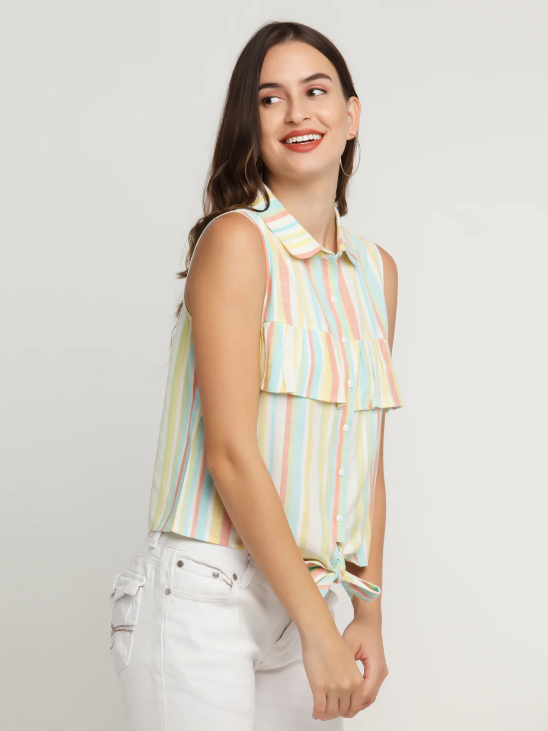Multicolored Striped Ruffled Shirt - Image 3