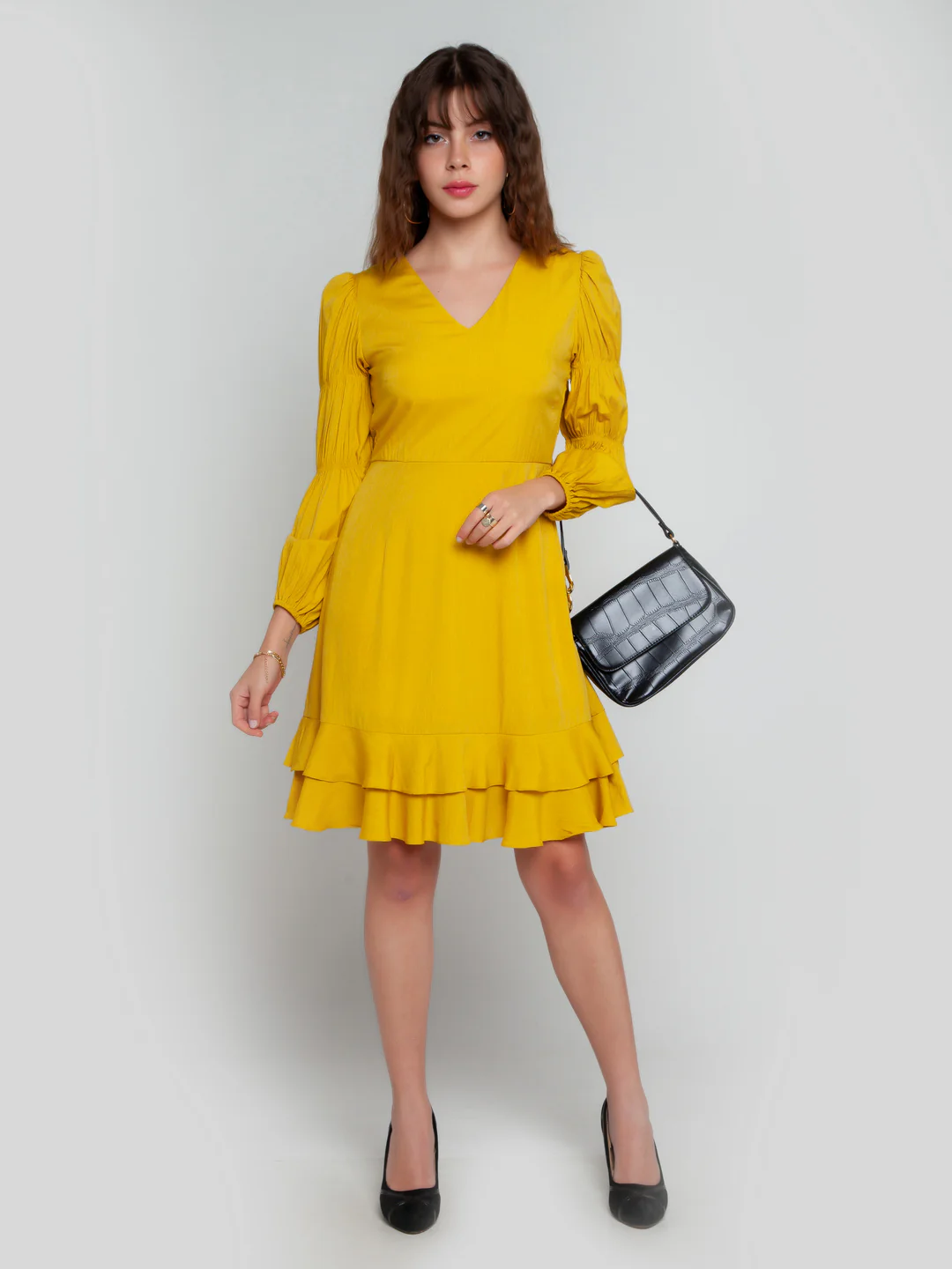 Mustard Solid Elasticated Short Dress