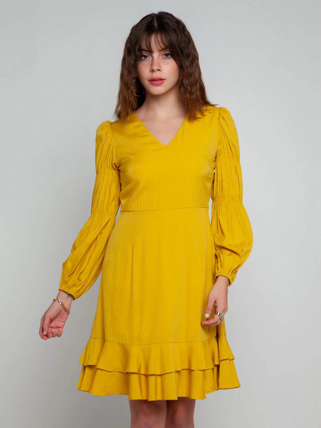 Mustard Solid Elasticated Short Dress - Image 2