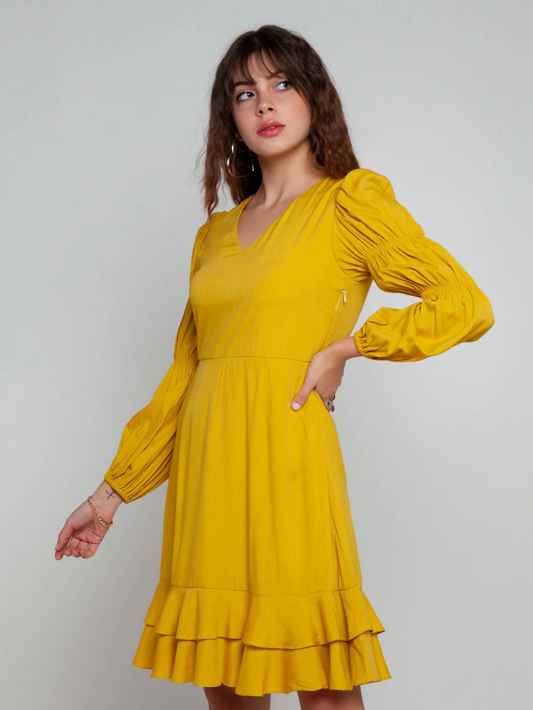 Mustard Solid Elasticated Short Dress - Image 3