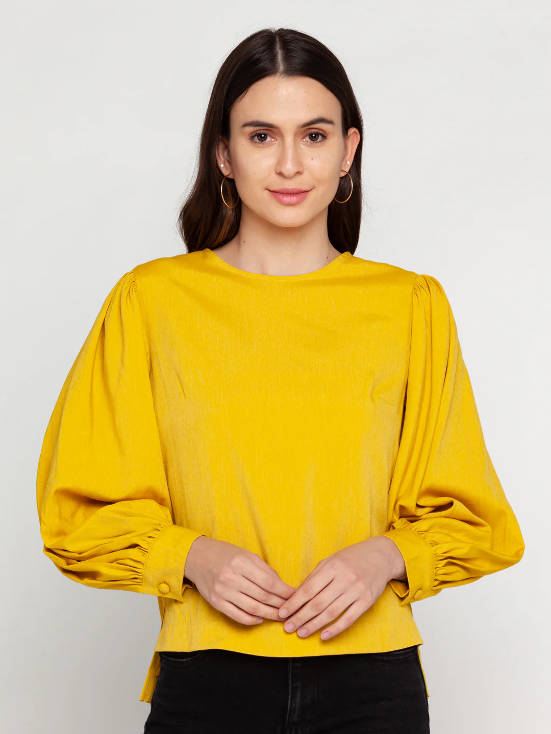 Mustard Solid Puff Sleeve Top - Image 2