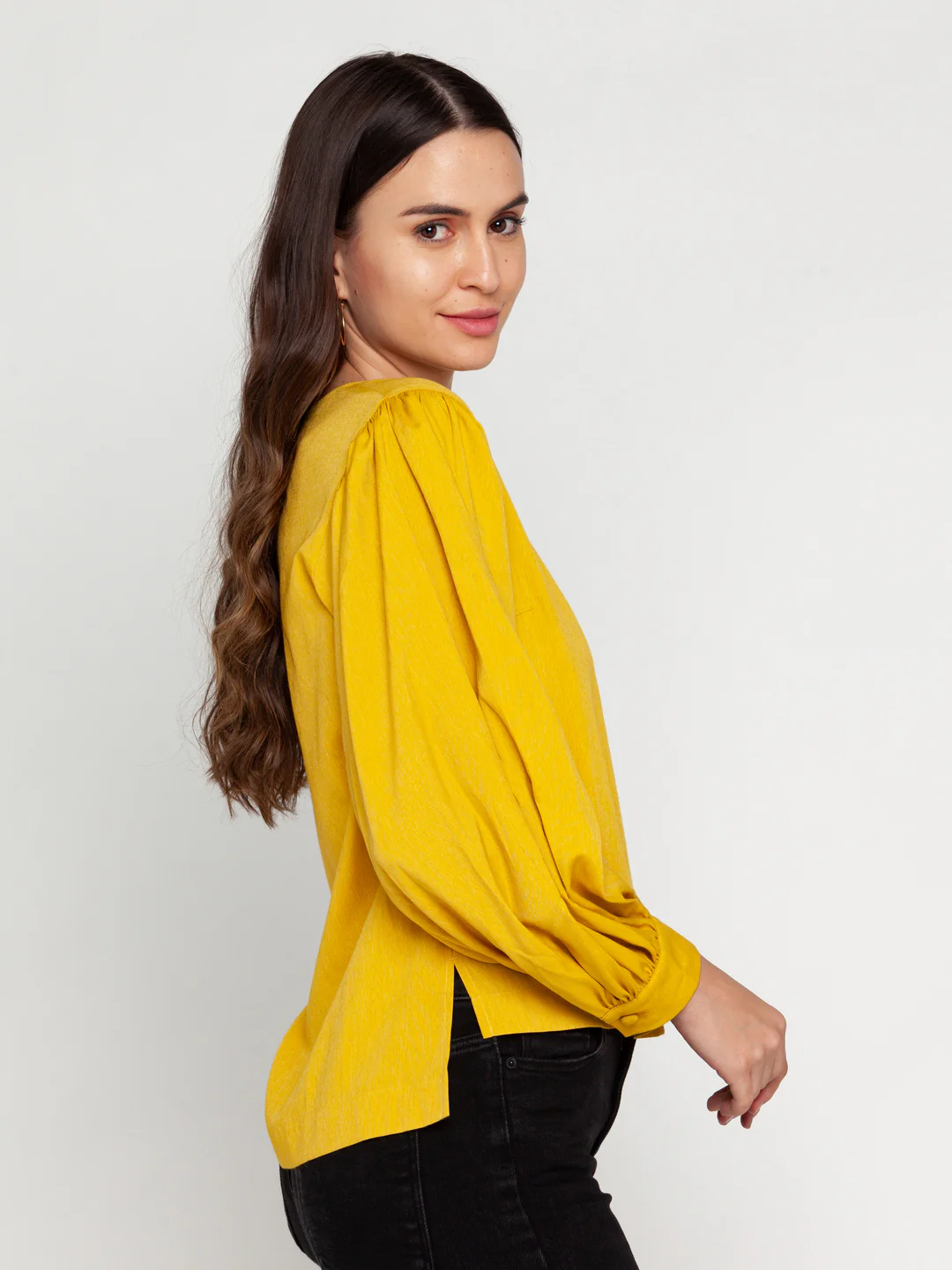 Mustard Solid Puff Sleeve Top - Image 3