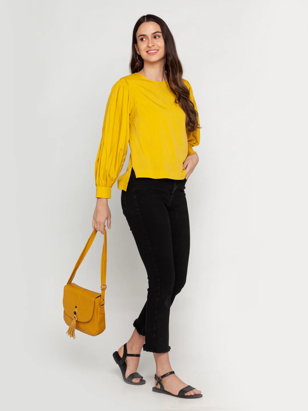 Mustard Solid Puff Sleeve Top - Image 5