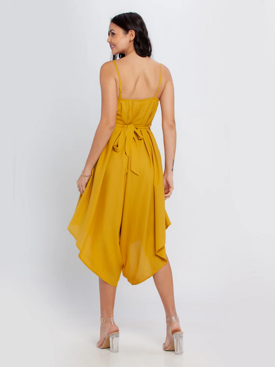 Mustard Solid Strappy Culotte Jumpsuit - Image 4