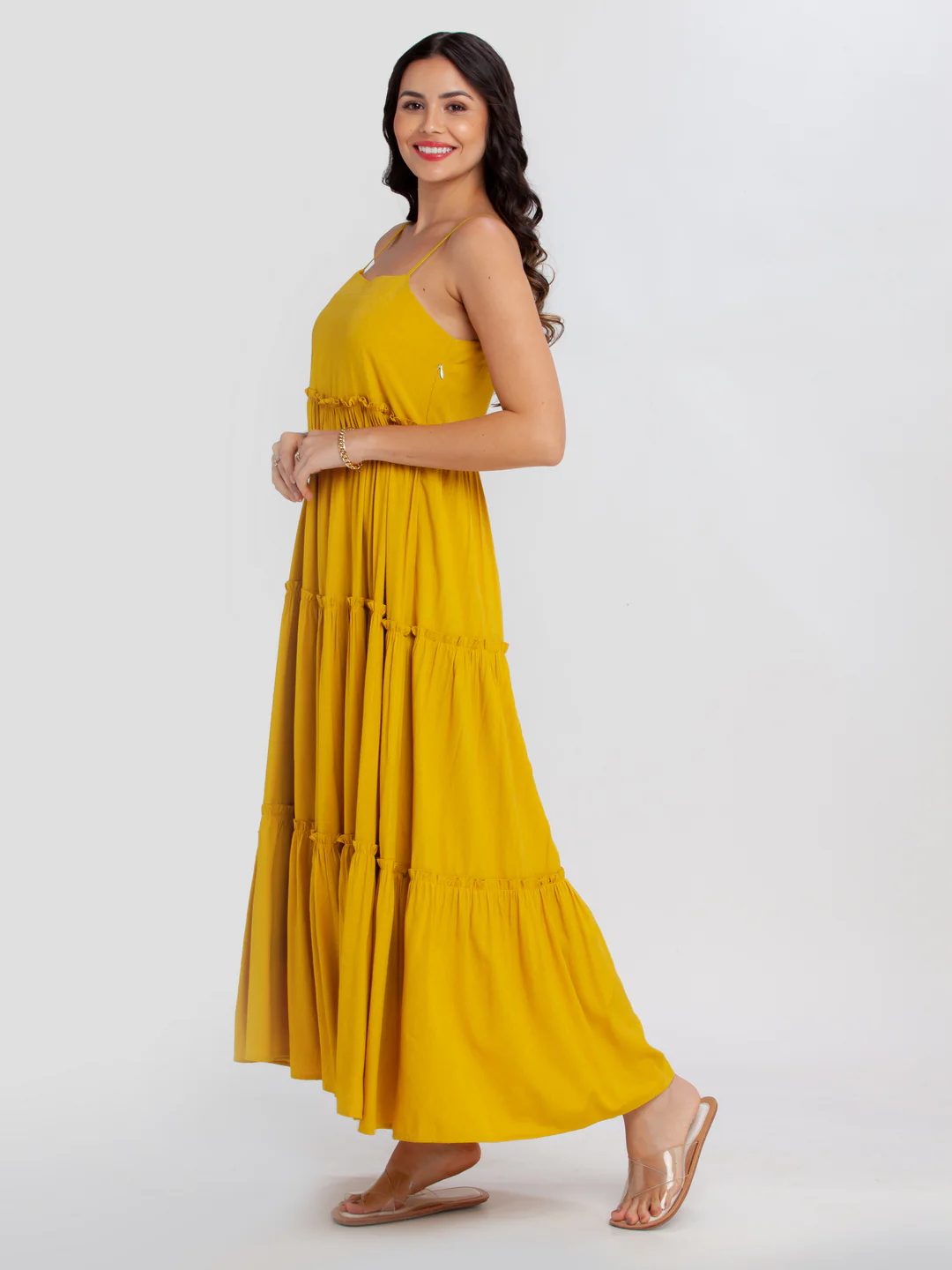 Mustard Solid Tiered Maxi Dress - Image 3