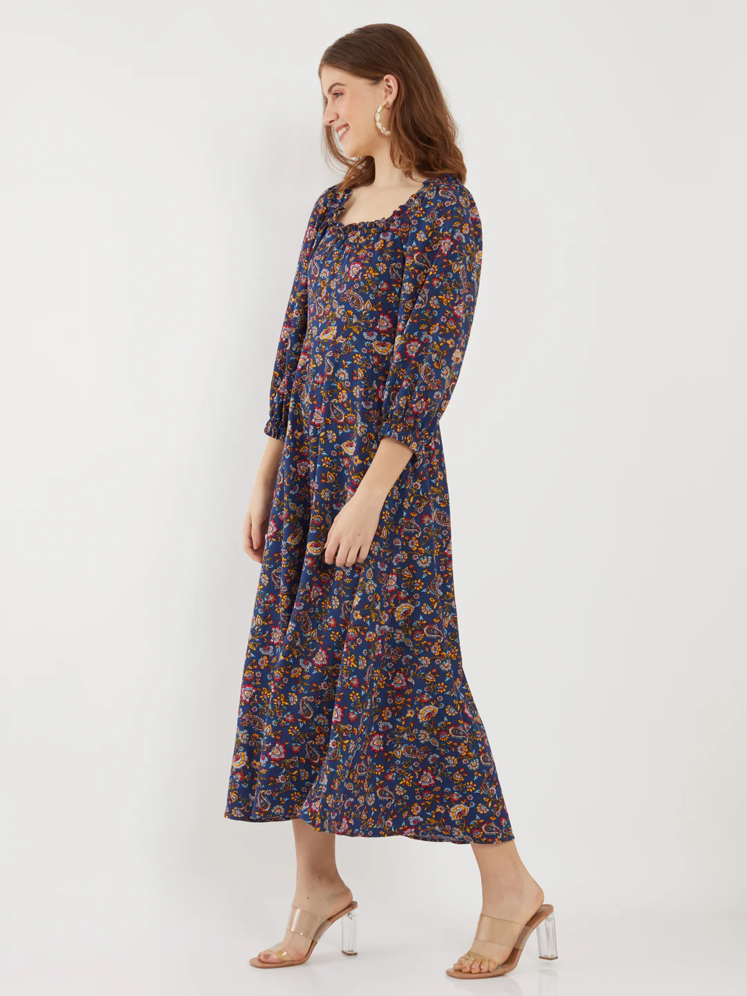 Navy Blue Bohemian Printed Ankle Length Maxi Dress - Image 3