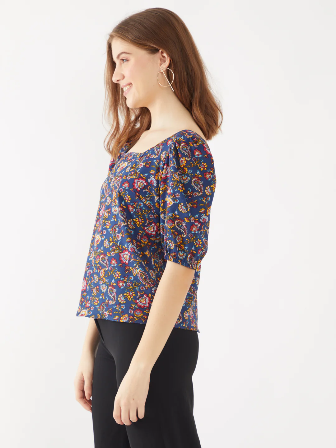 Navy Blue Bohemian Printed Regular Top - Image 3