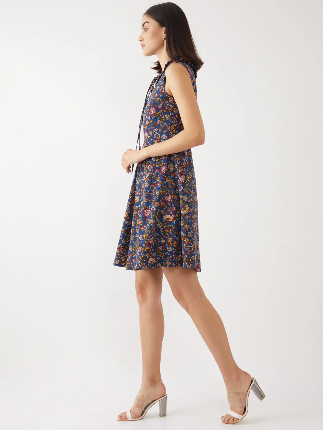 Navy Blue Bohemian Printed Tie-Up Short Dress - Image 3