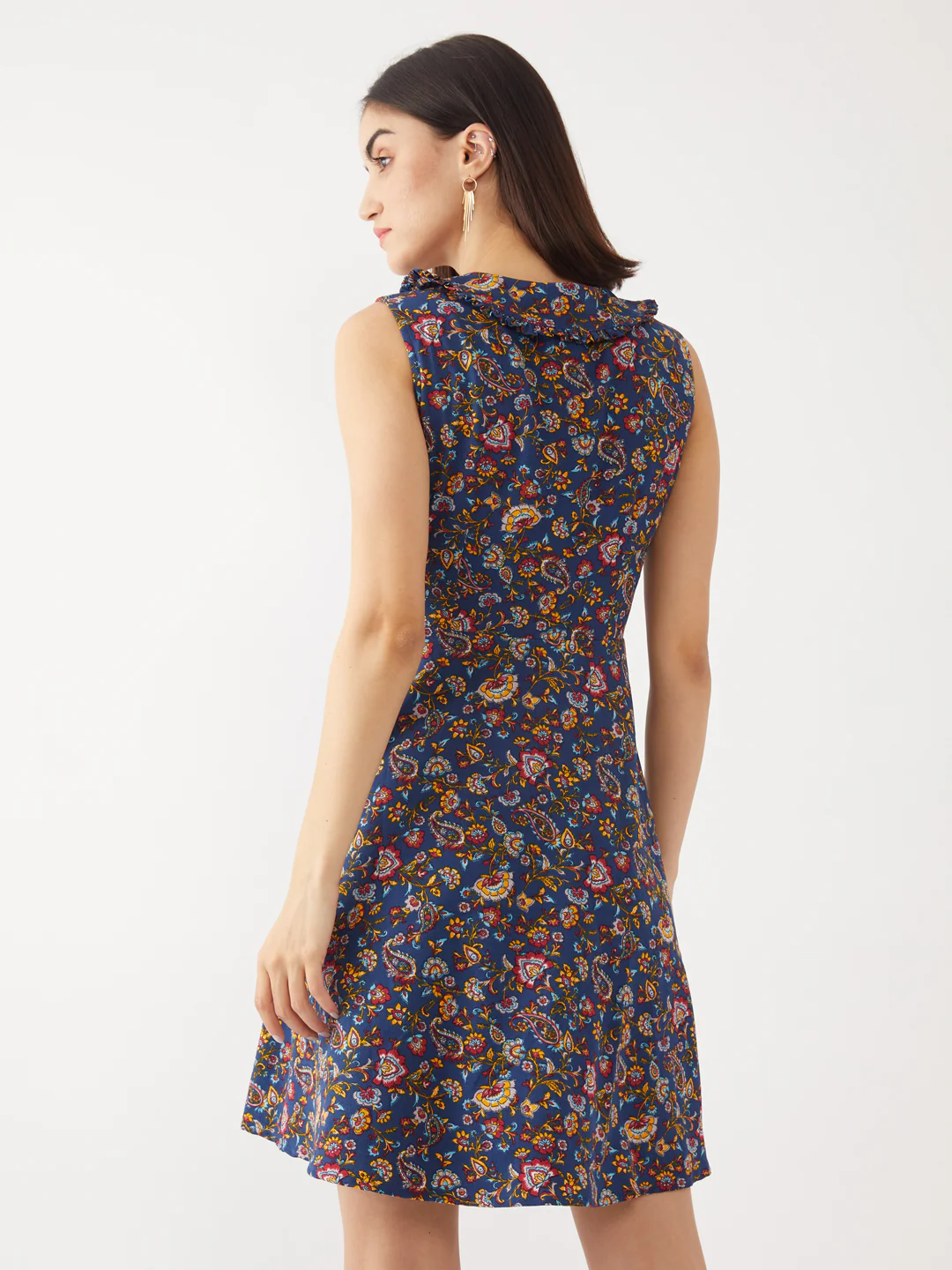 Navy Blue Bohemian Printed Tie-Up Short Dress - Image 4