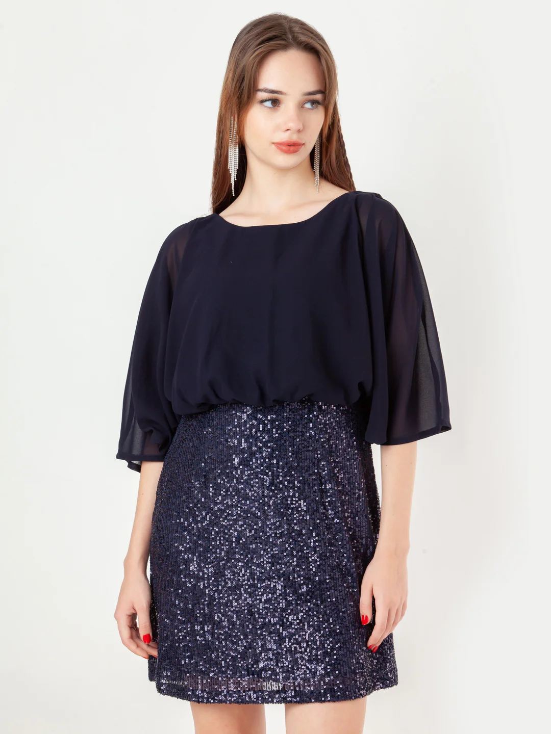 Navy Blue Embellished Blouson Short Dress - Image 2