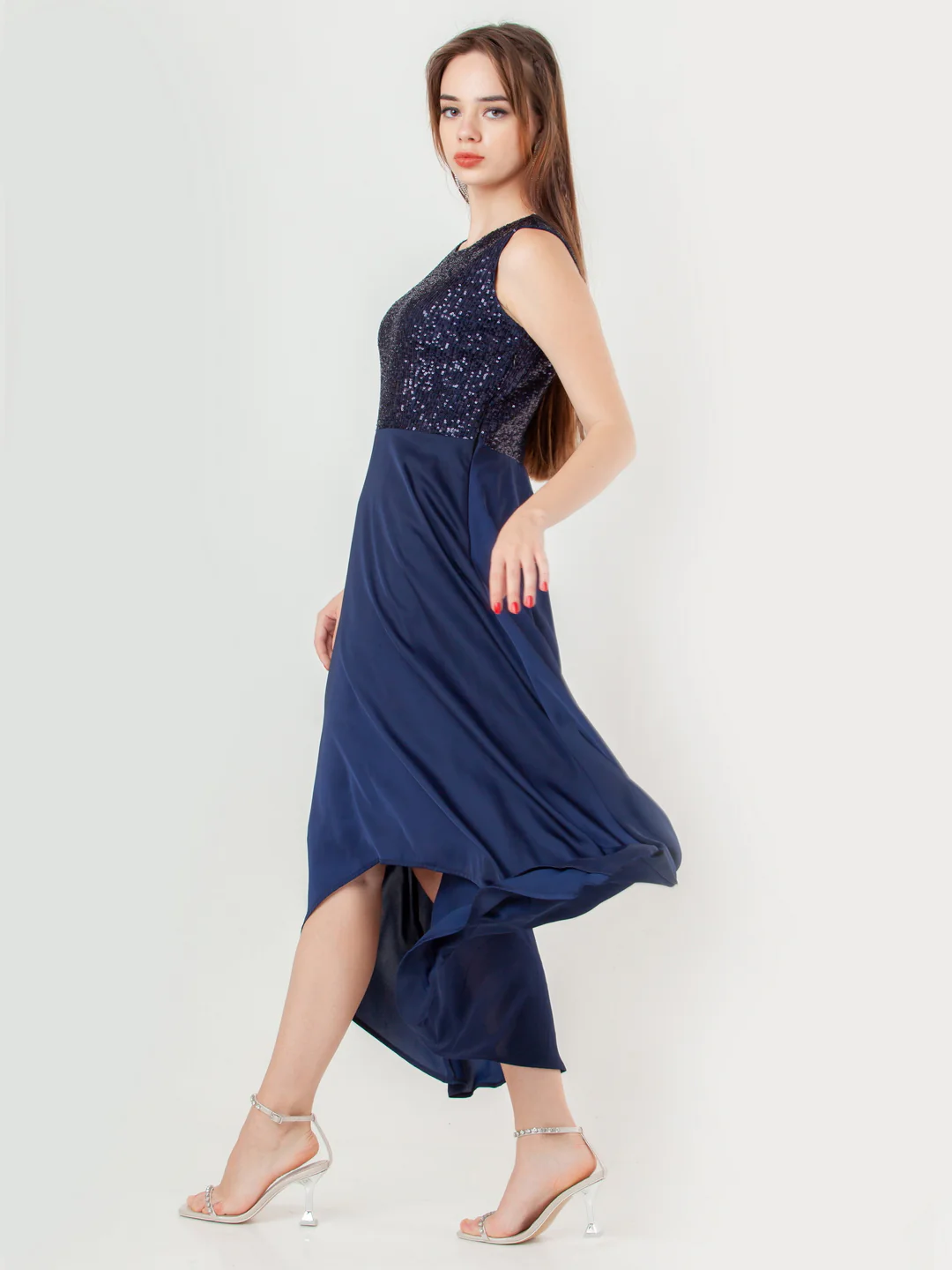 Navy Blue Embellished Flared Maxi Dress - Image 3