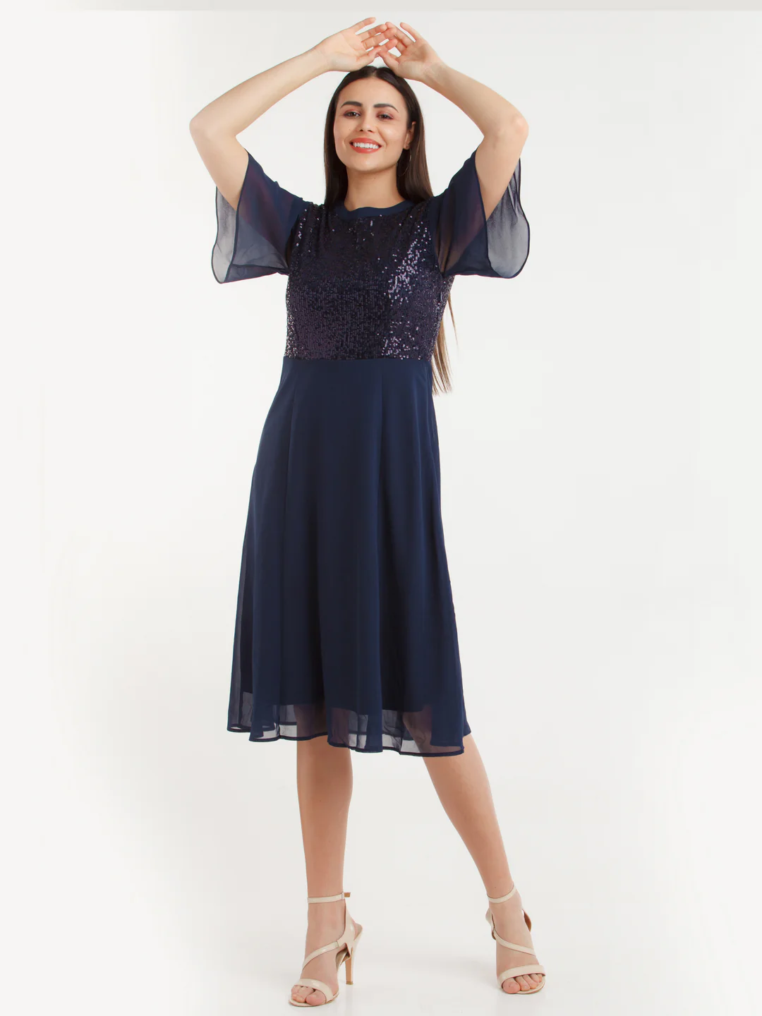 Navy Blue Embellished Midi Dress