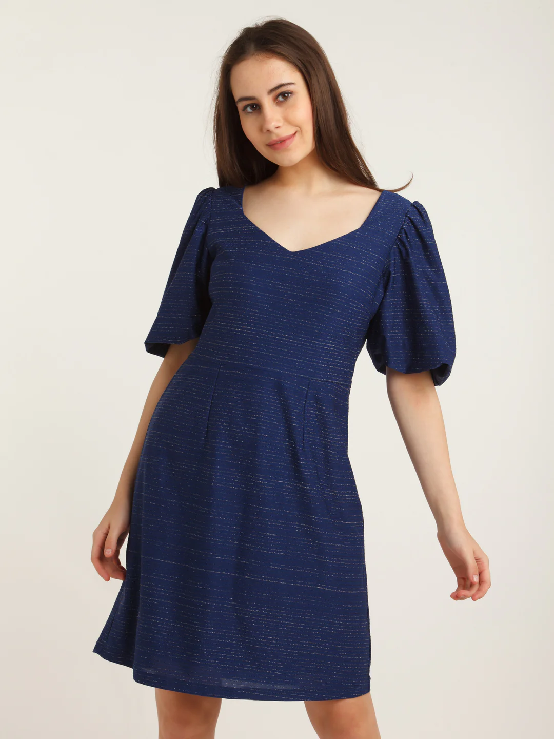 Navy Blue Embellished Puff Sleeve Short Dress - Image 2