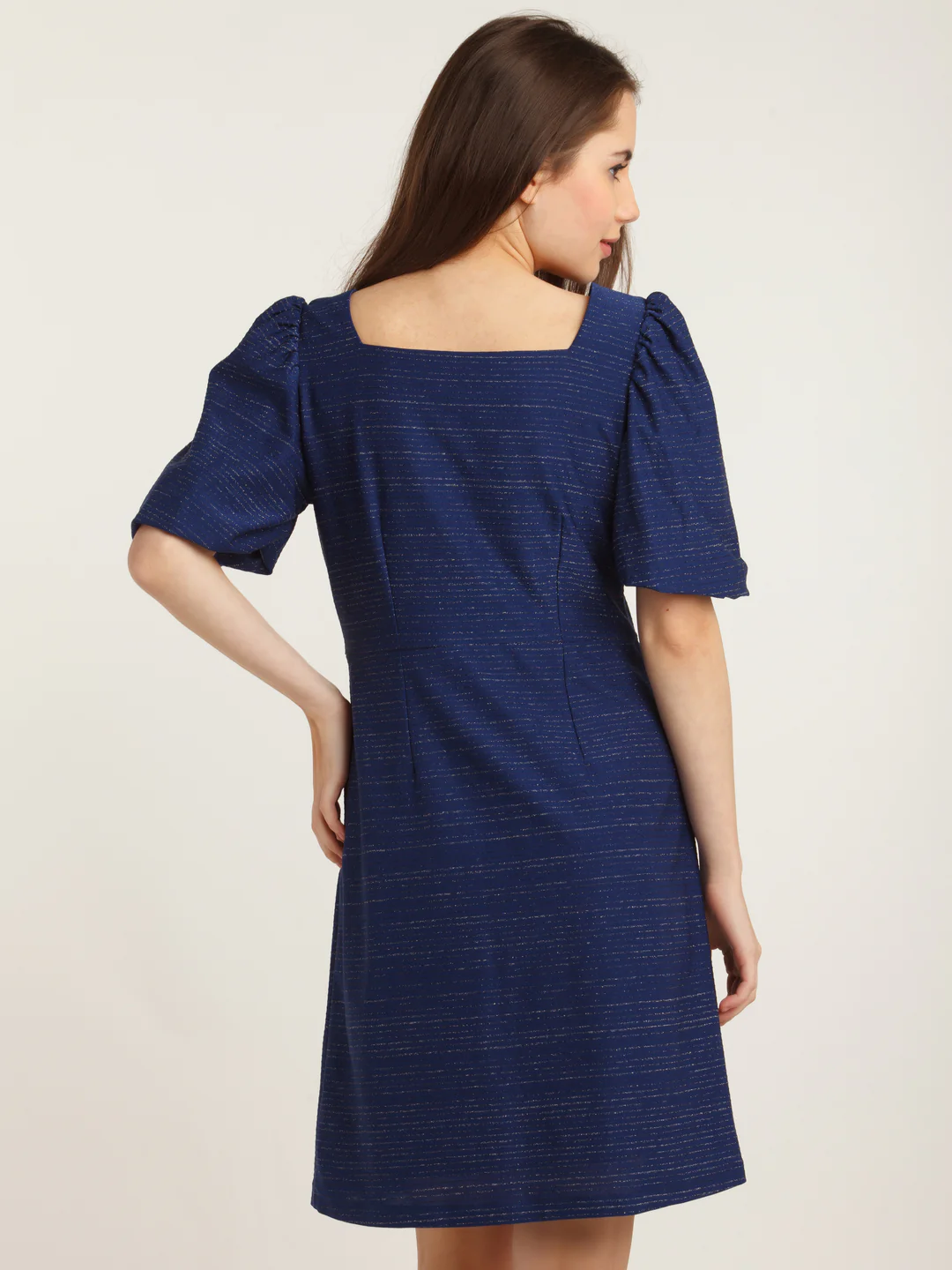 Navy Blue Embellished Puff Sleeve Short Dress - Image 4