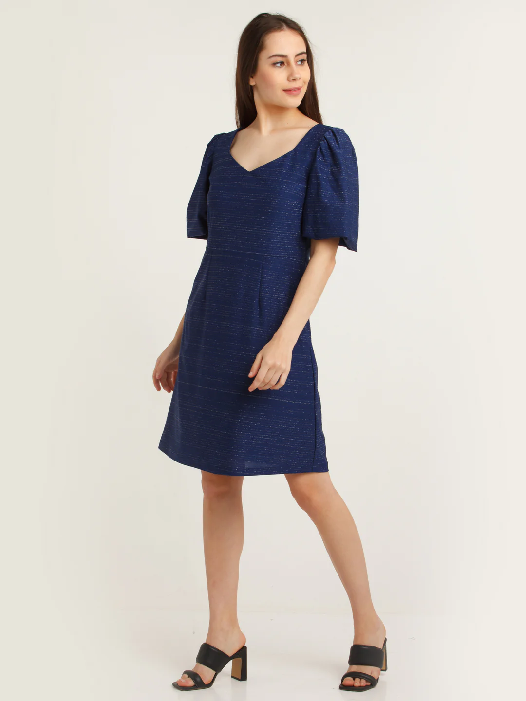 Navy Blue Embellished Puff Sleeve Short Dress - Image 5