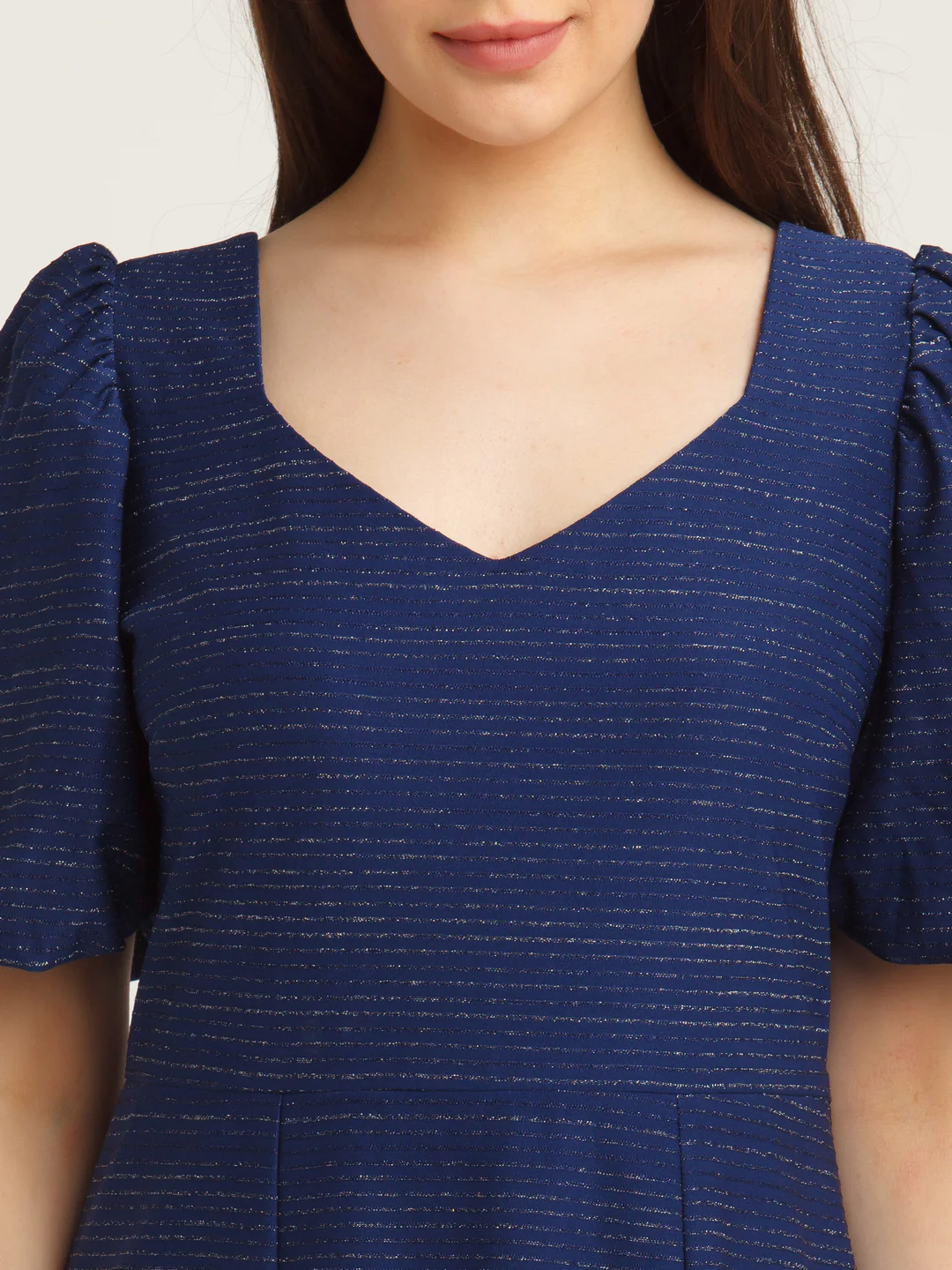 Navy Blue Embellished Puff Sleeve Short Dress - Image 6