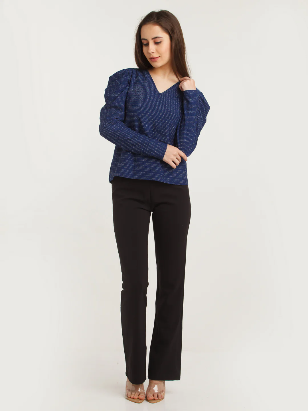 Navy Blue Embellished Puff Sleeve Top - Image 5