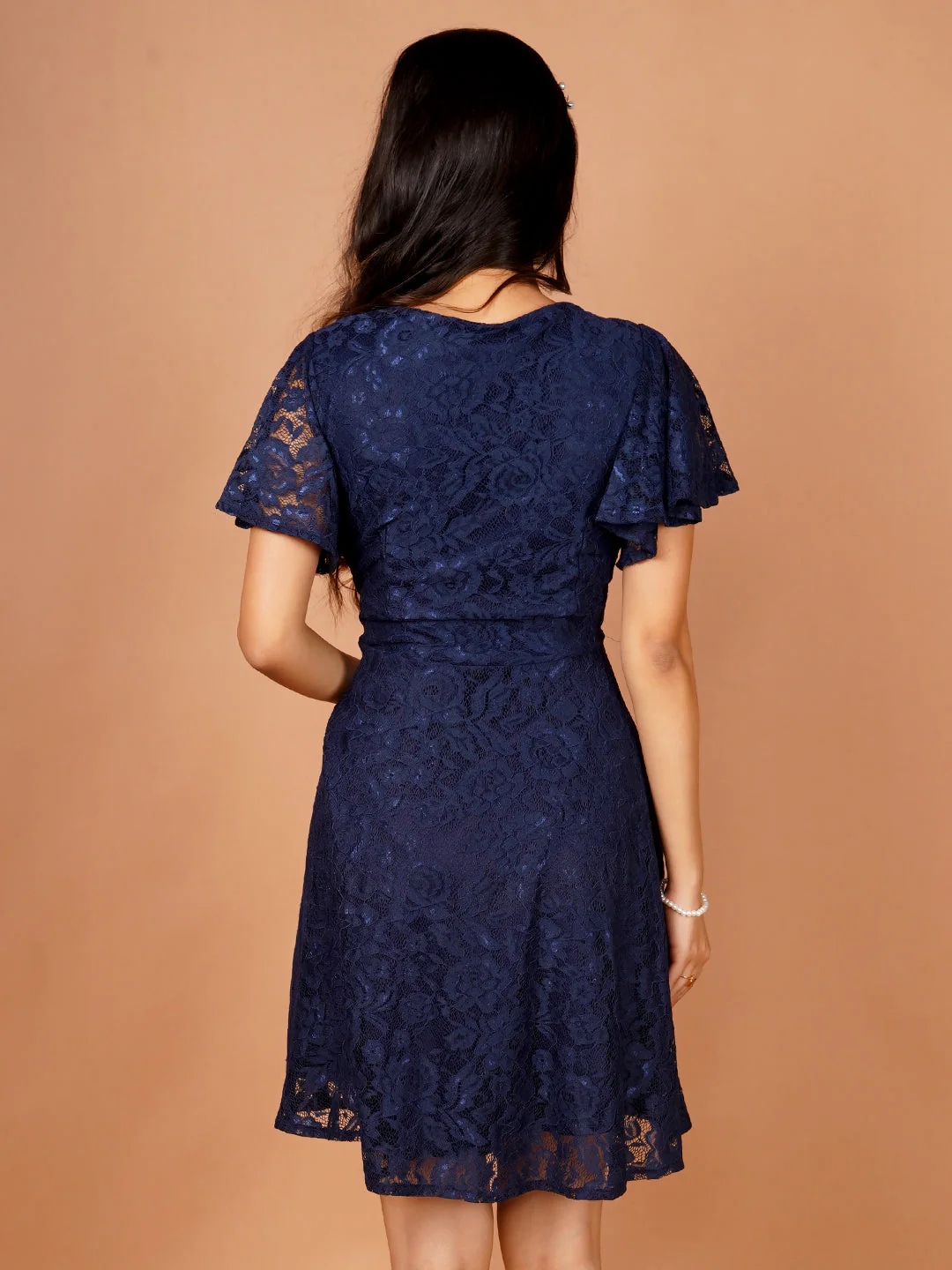 Navy Blue Lace A-Line Short Dress - Image 4