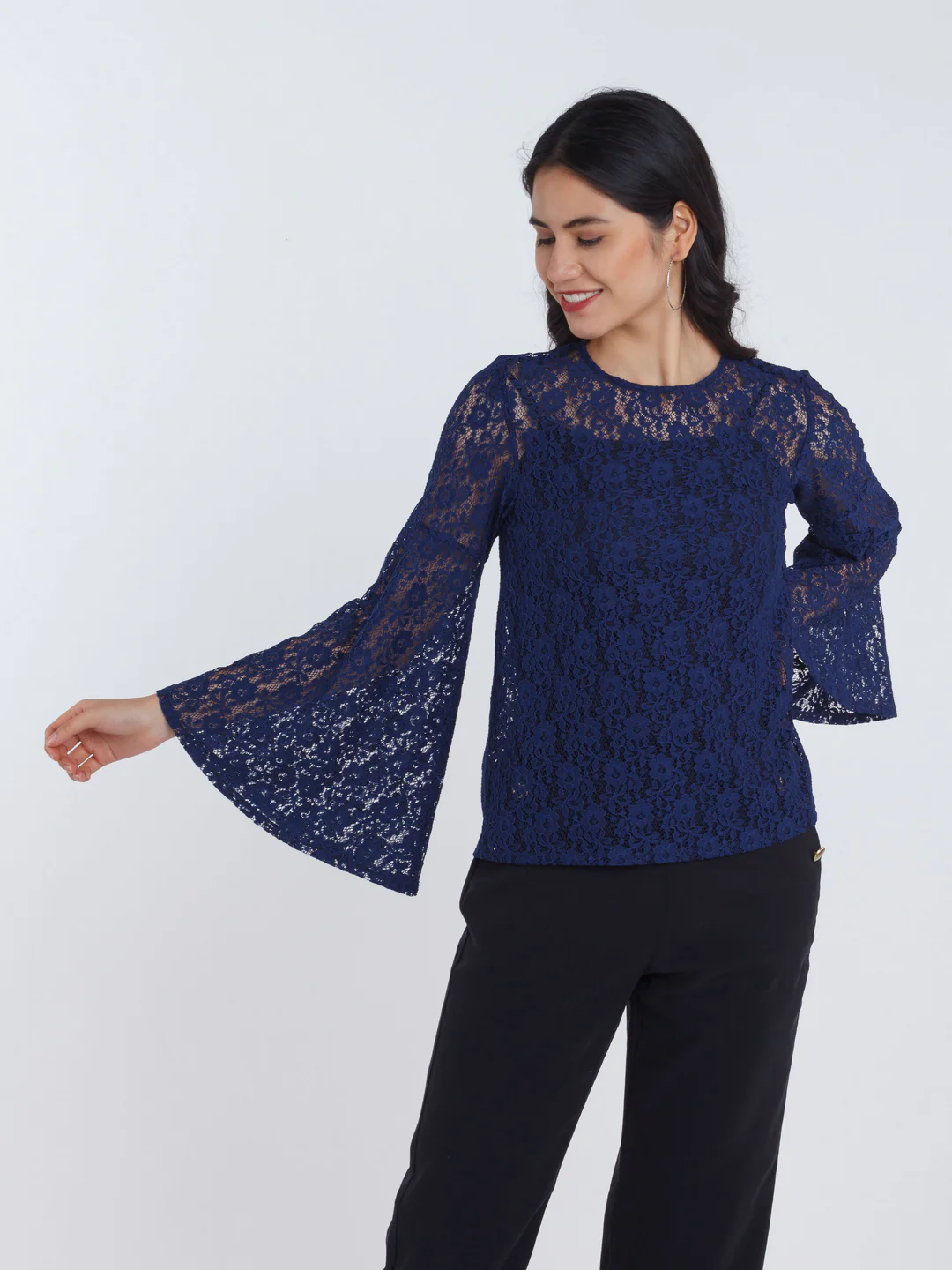Navy Blue Lace Flared Sleeve Top - Image 2