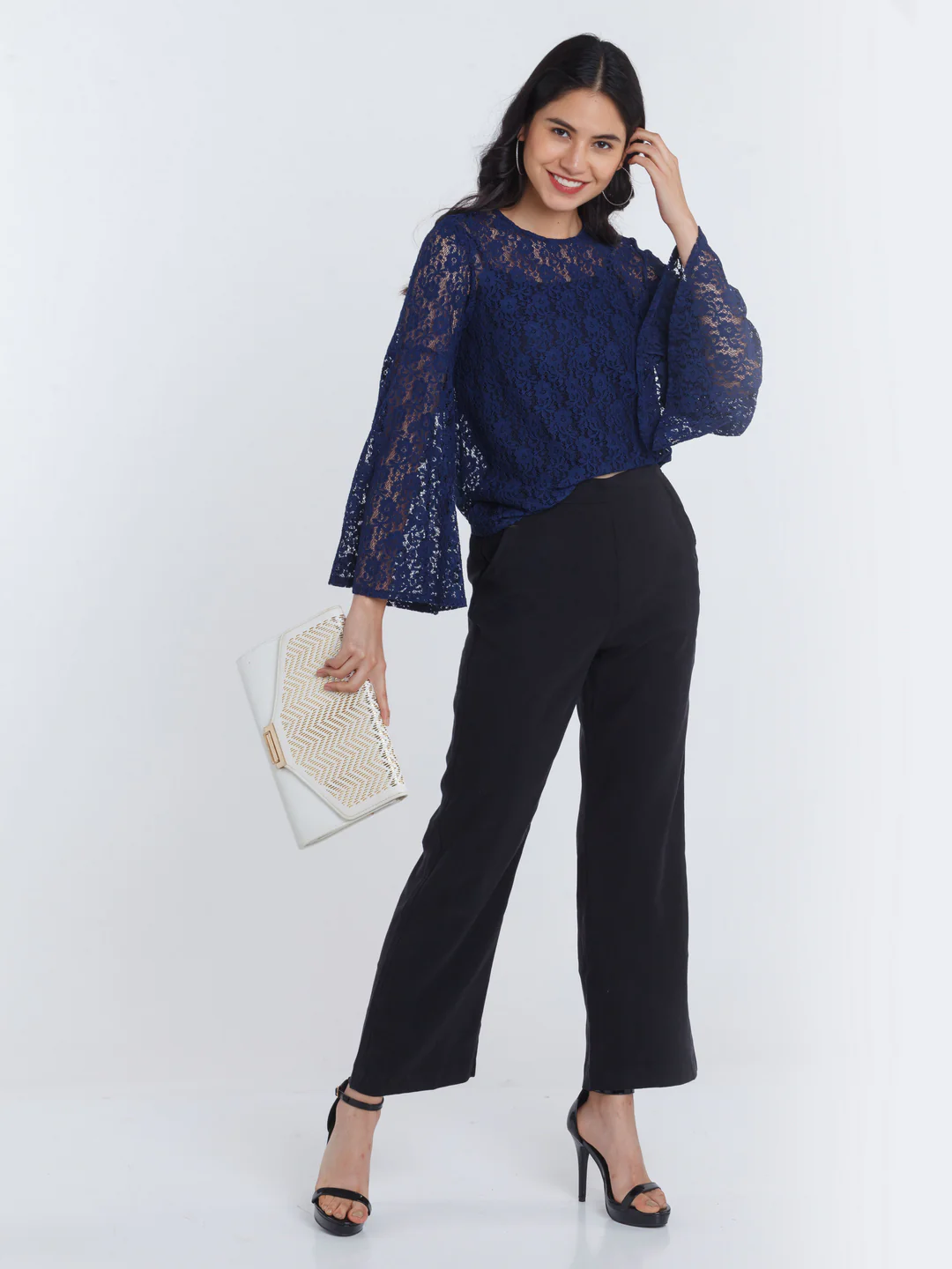 Navy Blue Lace Flared Sleeve Top - Image 5