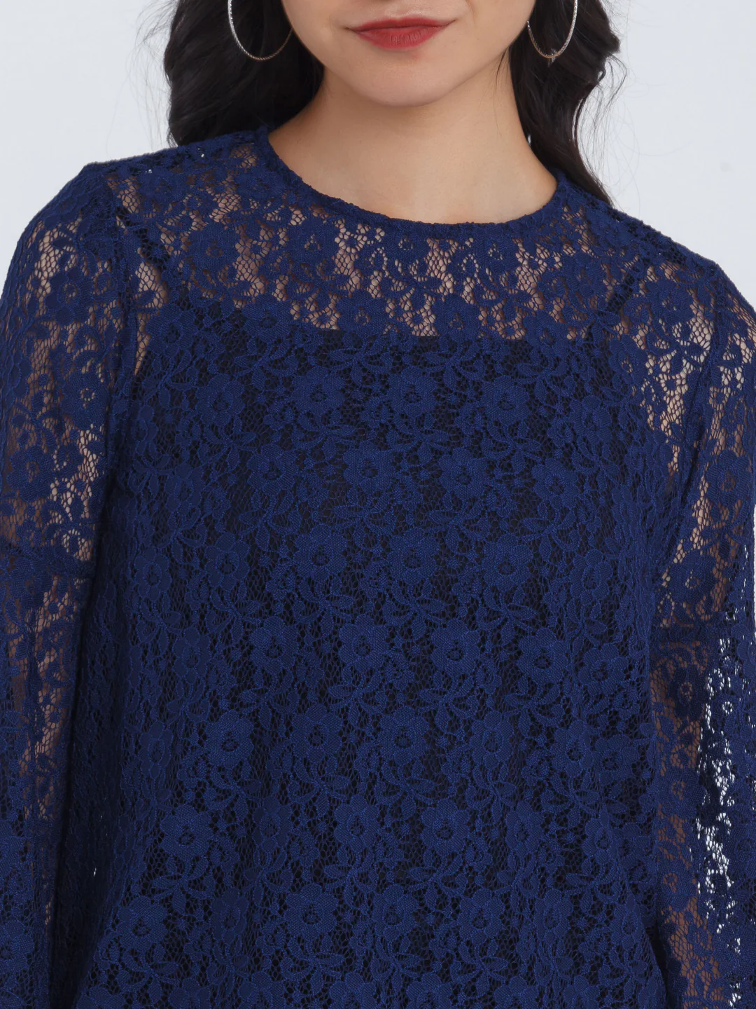 Navy Blue Lace Flared Sleeve Top - Image 6