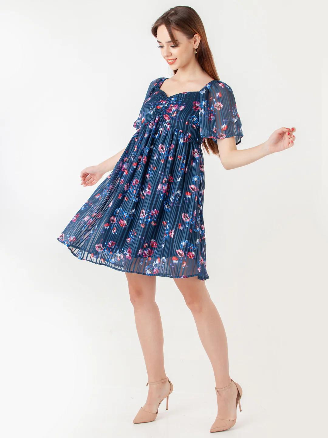 Navy Blue Printed Flared Short Dress - Image 3