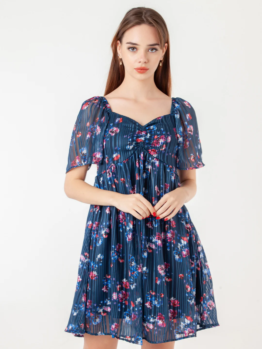 Navy Blue Printed Flared Short Dress - Image 4