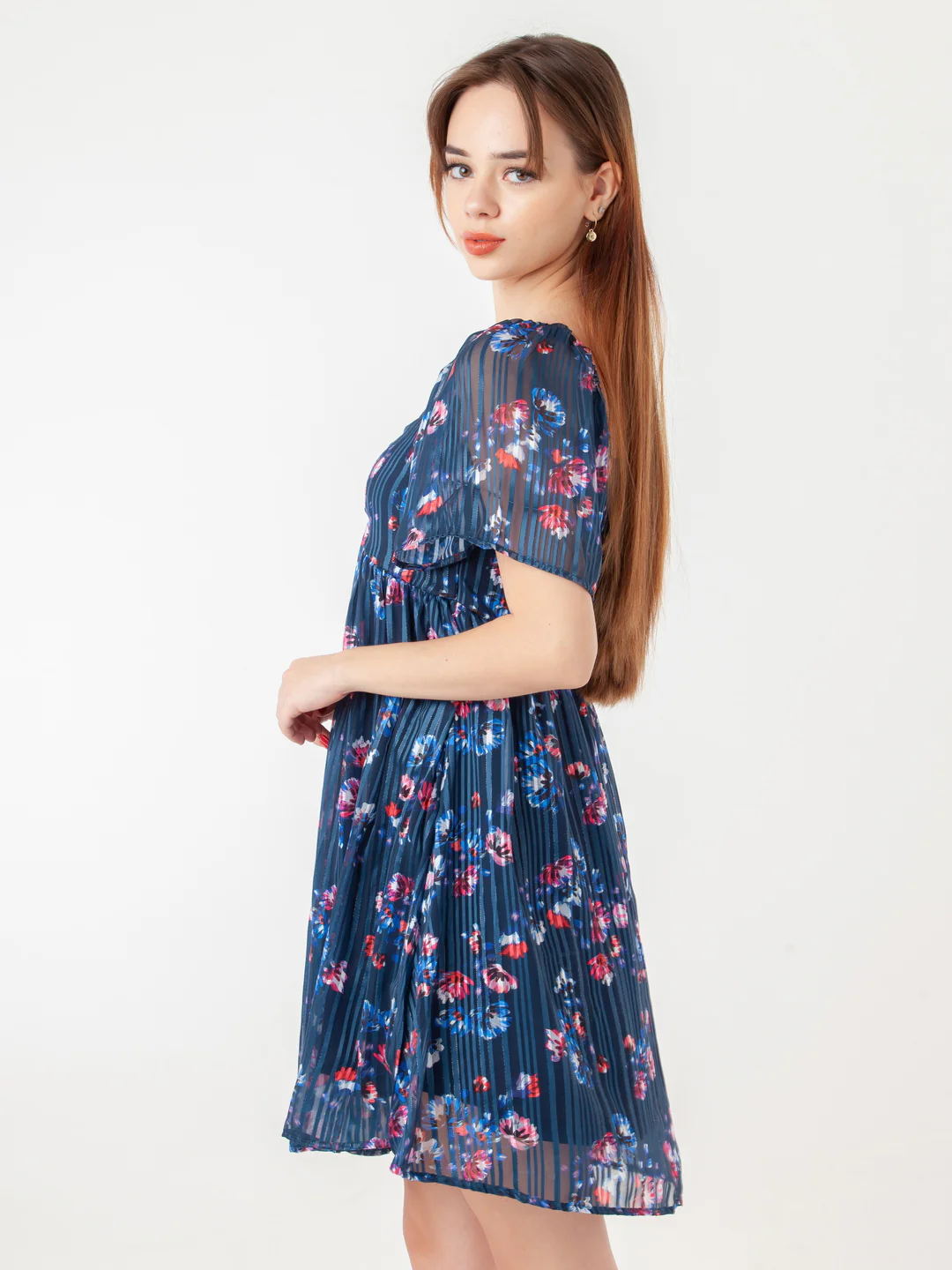 Navy Blue Printed Flared Short Dress - Image 5