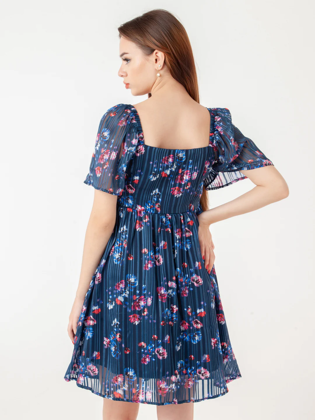 Navy Blue Printed Flared Short Dress - Image 6