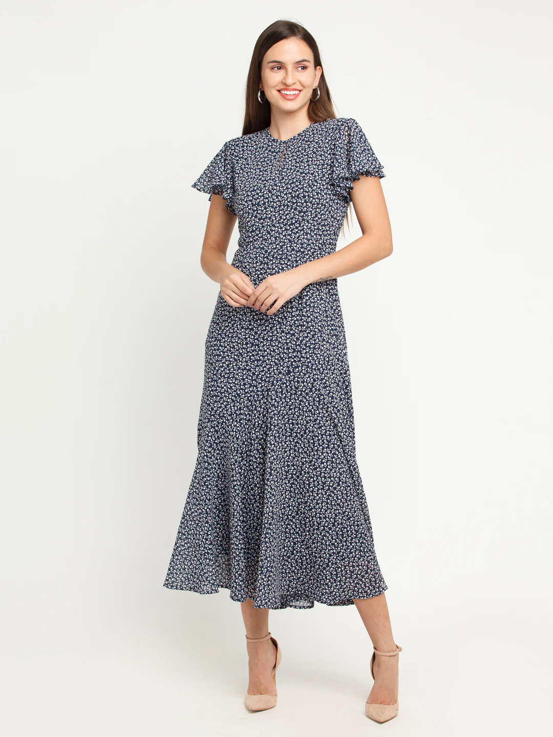 Navy Blue Printed Flared Sleeve Maxi Dress - Image 2