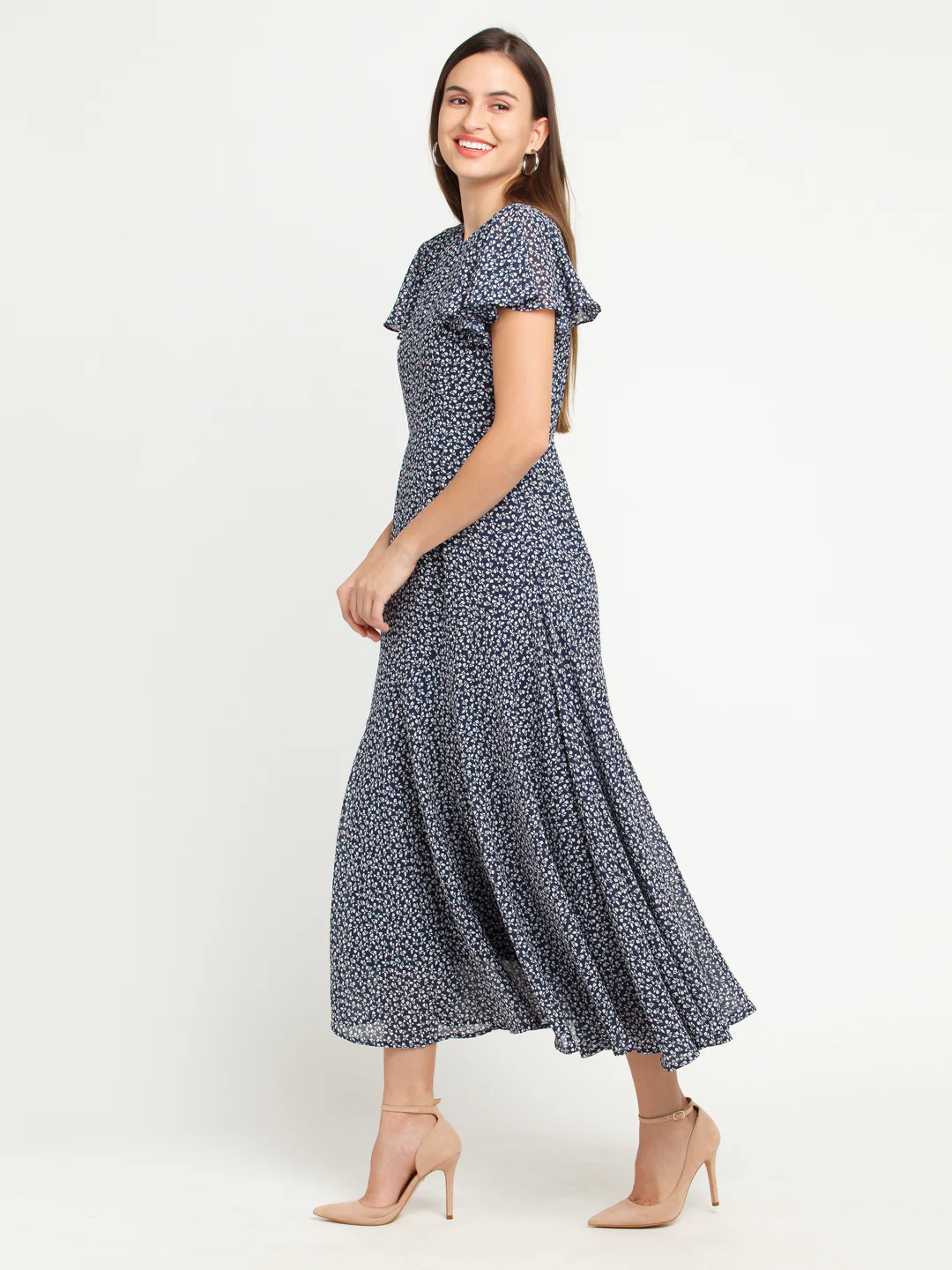 Navy Blue Printed Flared Sleeve Maxi Dress - Image 3