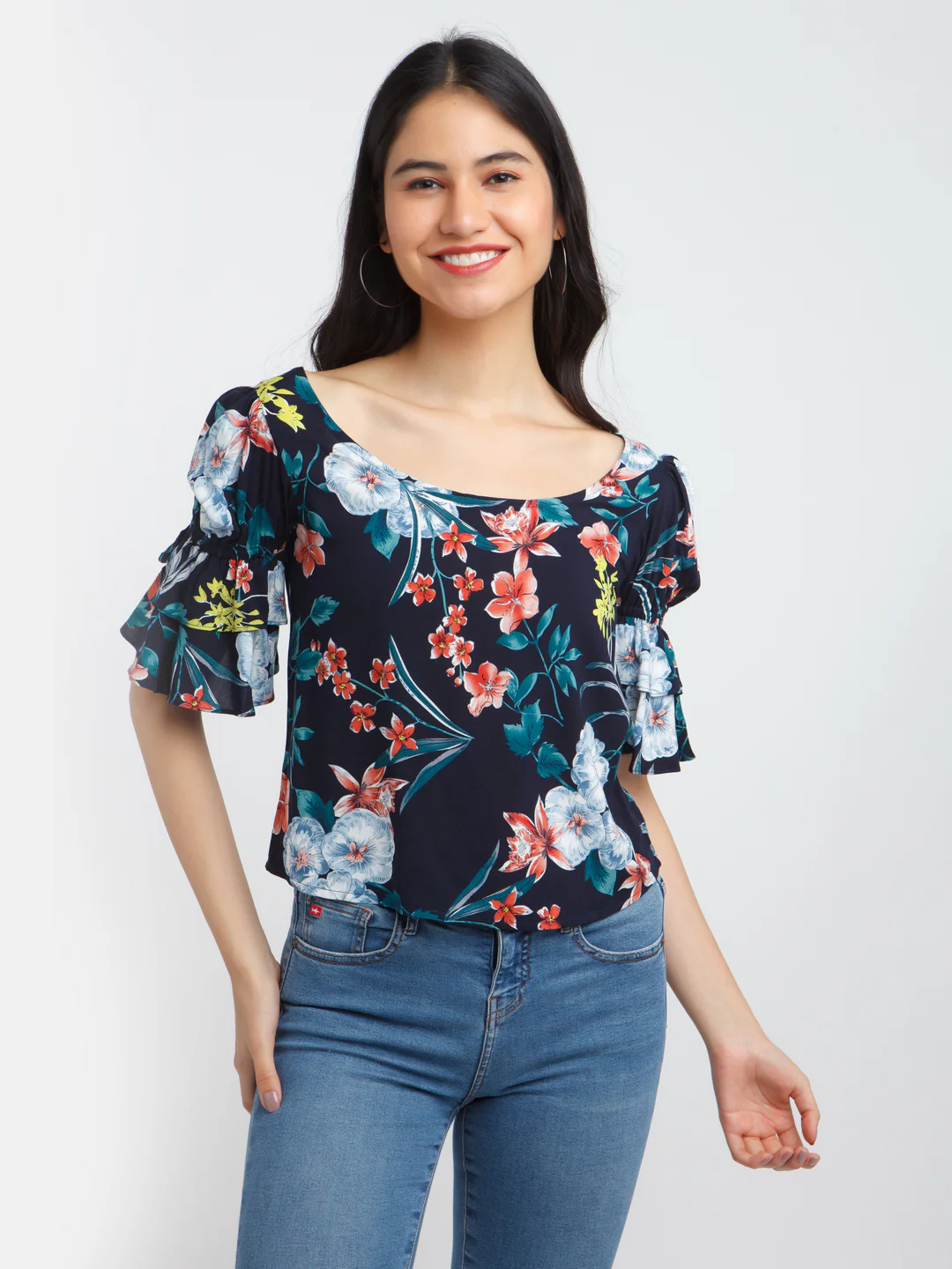 Navy Blue Printed Flared Sleeve Top - Image 2